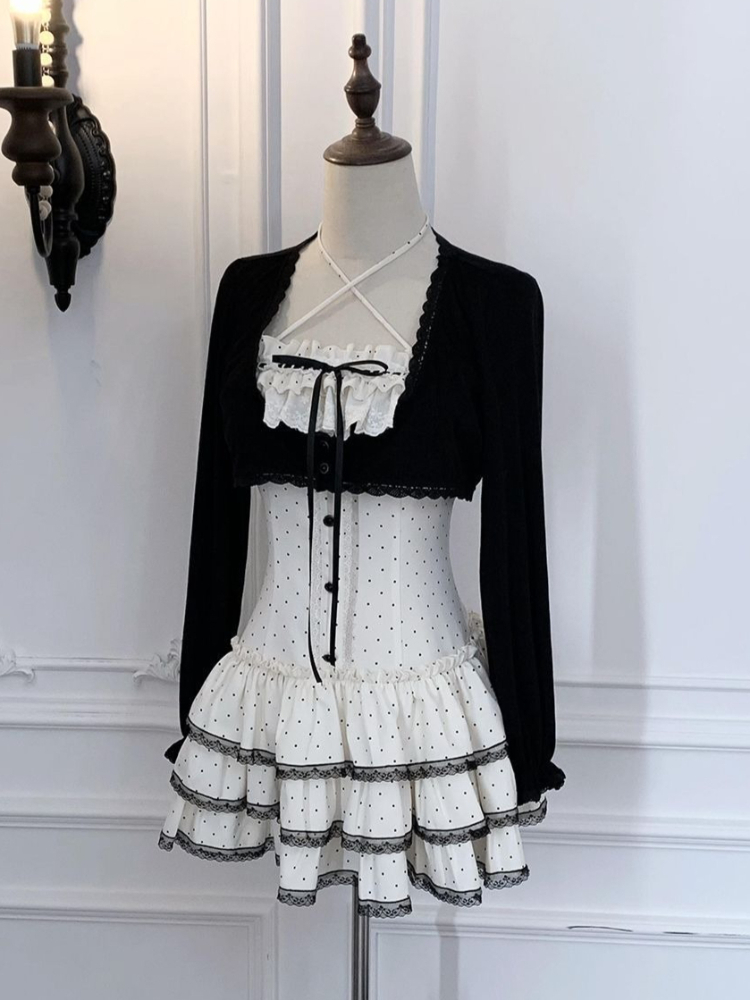 Elastic Lace Trim - Ensemble Robe Camisole Col Carré Coréen